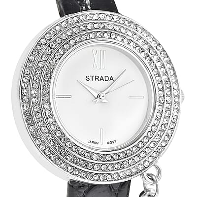 Strada Austrian Crystal Japanese Movement Triple Halo Watch with Initial W Charm and Black Faux Leather Strap , Women's Designer Watch , Analog Luxury Wristwatch
