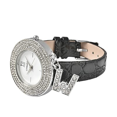 Strada Austrian Crystal Japanese Movement Triple Halo Watch with Initial W Charm and Black Faux Leather Strap , Women's Designer Watch , Analog Luxury Wristwatch