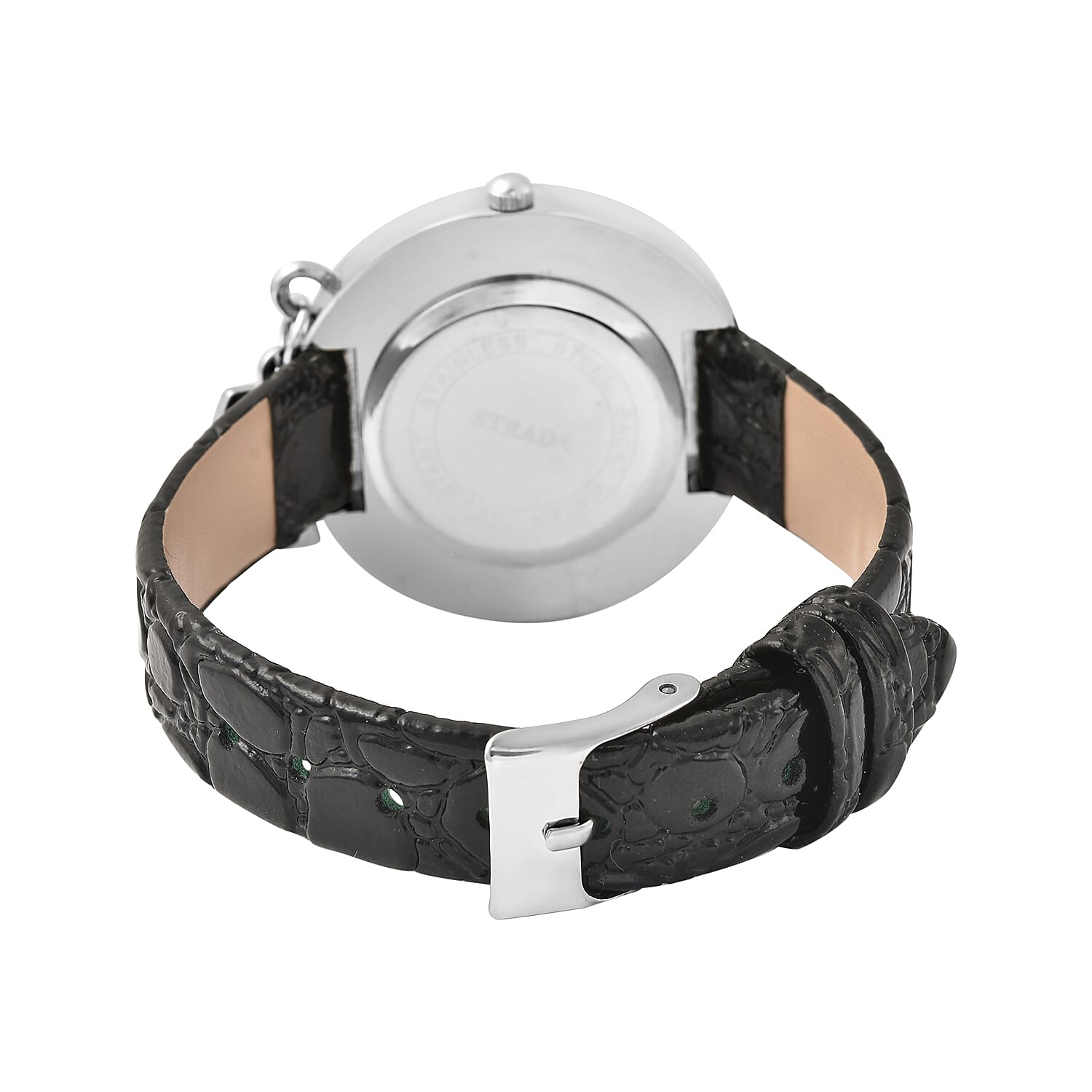 Strada Austrian Crystal Japanese Movement Triple Halo Watch with Initial W Charm and Black Faux Leather Strap , Women's Designer Watch , Analog Luxury Wristwatch