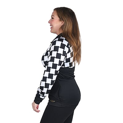 ISAAC MIZRAHI Black Checkered Collared Zip-up Sport Jacket - L , Women's Polyester Jacket , Ladies Jacket