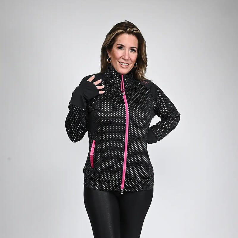 Isaac Mizrahi Black & Pink Metallic Dot Zip-up Sport Jacket, Womens Athletic Jacket, Slim Fit Long Sleeve Yoga Track Hoodie - L