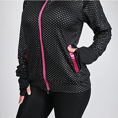 Isaac Mizrahi Black & Pink Metallic Dot Zip-up Sport Jacket, Womens Athletic Jacket, Slim Fit Long Sleeve Yoga Track Hoodie - L