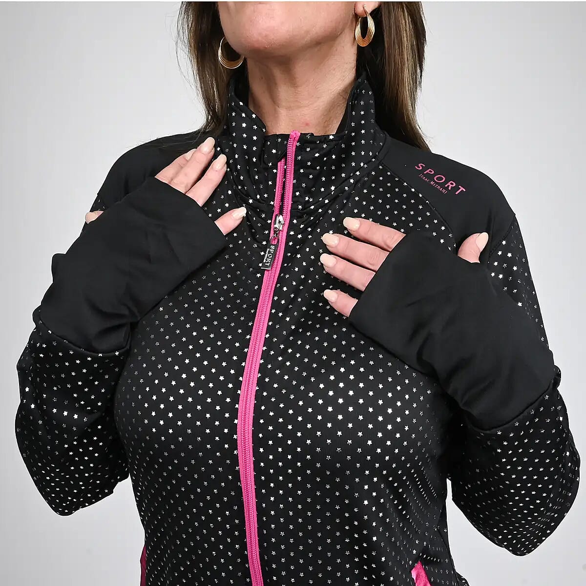 Isaac Mizrahi Black & Pink Metallic Dot Zip-up Sport Jacket, Womens Athletic Jacket, Slim Fit Long Sleeve Yoga Track Hoodie - L