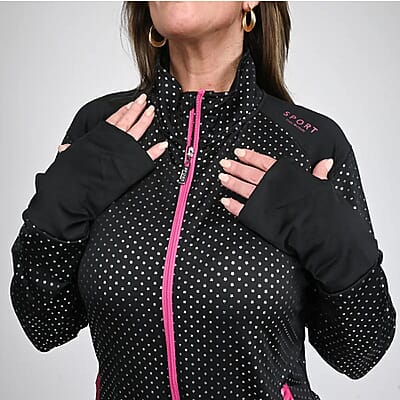 Isaac Mizrahi Black & Pink Metallic Dot Zip-up Sport Jacket, Womens Athletic Jacket, Slim Fit Long Sleeve Yoga Track Hoodie - L
