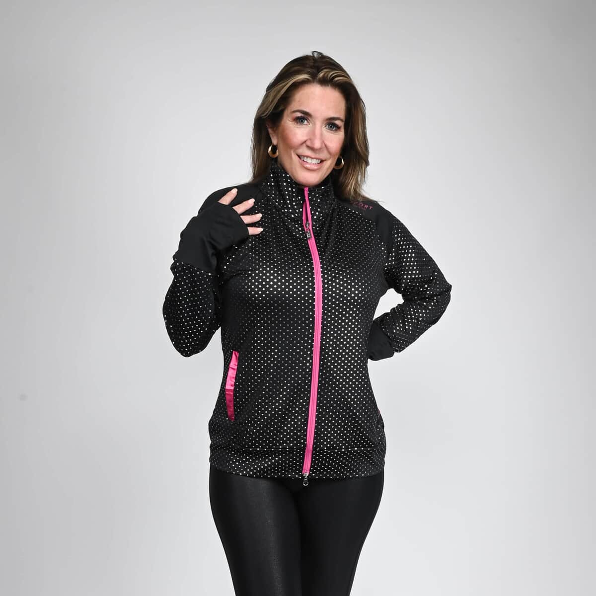 Isaac Mizrahi Black & Pink Metallic Dot Zip-up Sport Jacket, Womens Athletic Jacket, Slim Fit Long Sleeve Yoga Track Hoodie - M image number 0