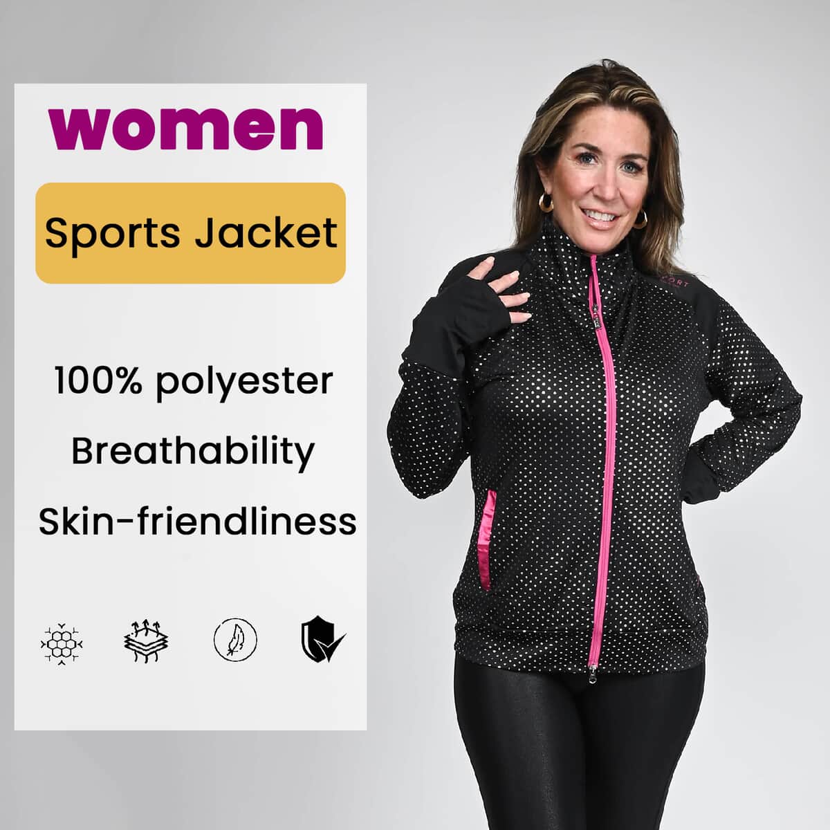 Isaac Mizrahi Black & Pink Metallic Dot Zip-up Sport Jacket, Womens Athletic Jacket, Slim Fit Long Sleeve Yoga Track Hoodie - M image number 2