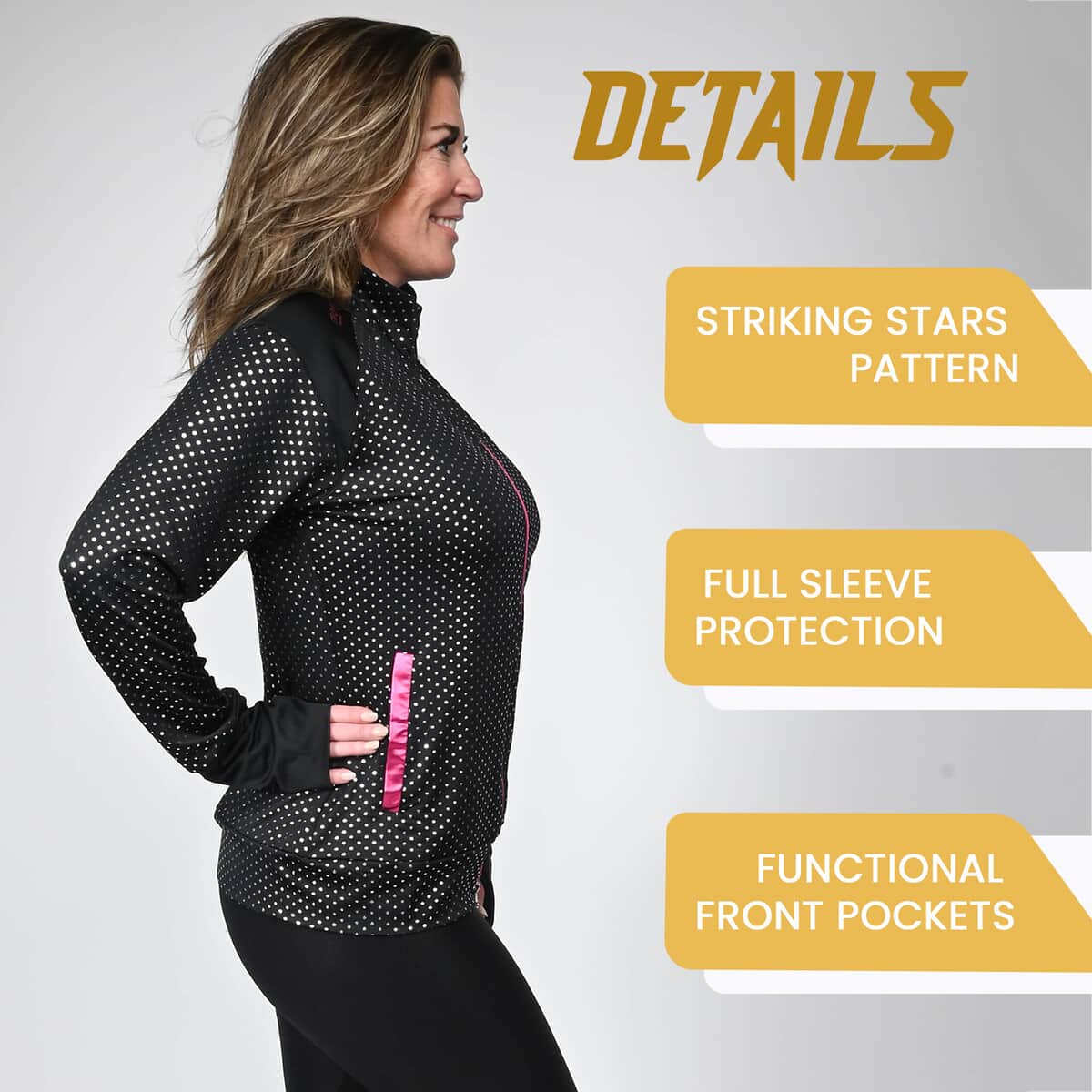 Isaac Mizrahi Black & Pink Metallic Dot Zip-up Sport Jacket, Womens Athletic Jacket, Slim Fit Long Sleeve Yoga Track Hoodie - M image number 4