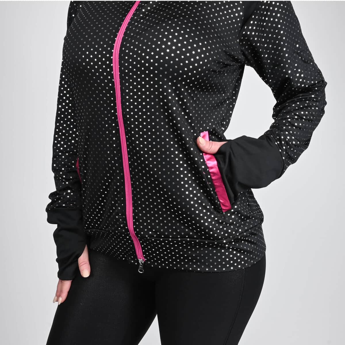 Isaac Mizrahi Black & Pink Metallic Dot Zip-up Sport Jacket, Womens Athletic Jacket, Slim Fit Long Sleeve Yoga Track Hoodie - M image number 6