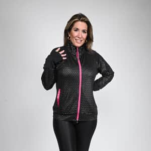 Isaac Mizrahi Black & Pink Metallic Dot Zip-up Sport Jacket, Womens Athletic Jacket, Slim Fit Long Sleeve Yoga Track Hoodie - S