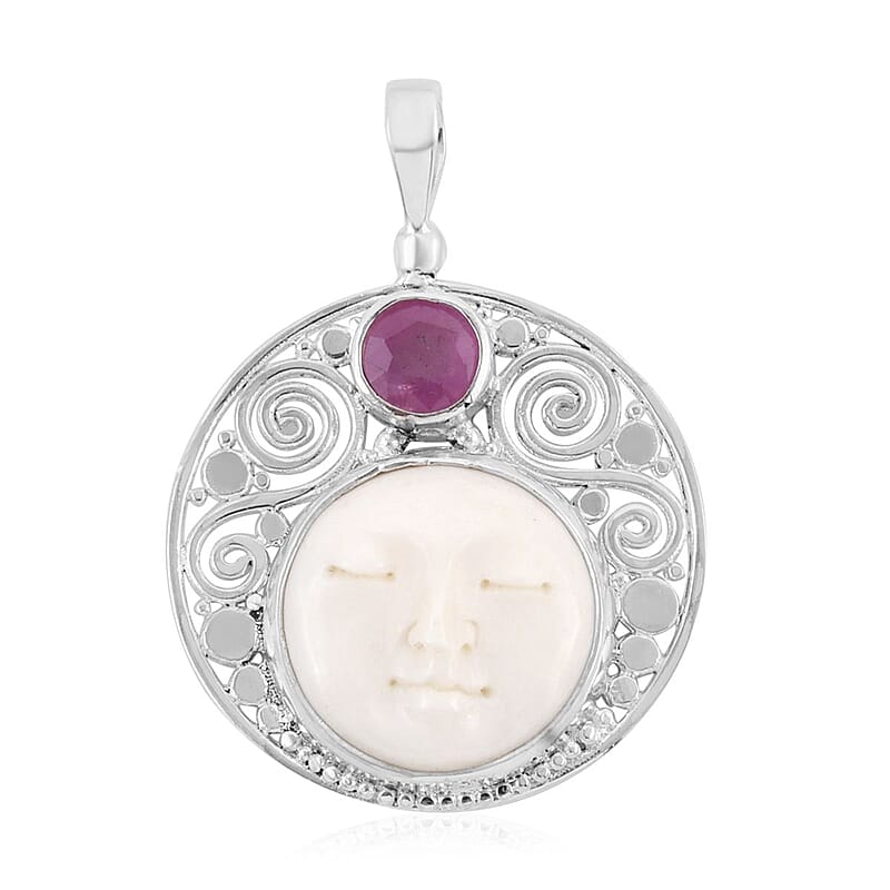 Sajen Silver Carved Bone and Ilakaka Hot Pink Sapphire (FF) Pendant in Sterling Silver 1.40 ctw