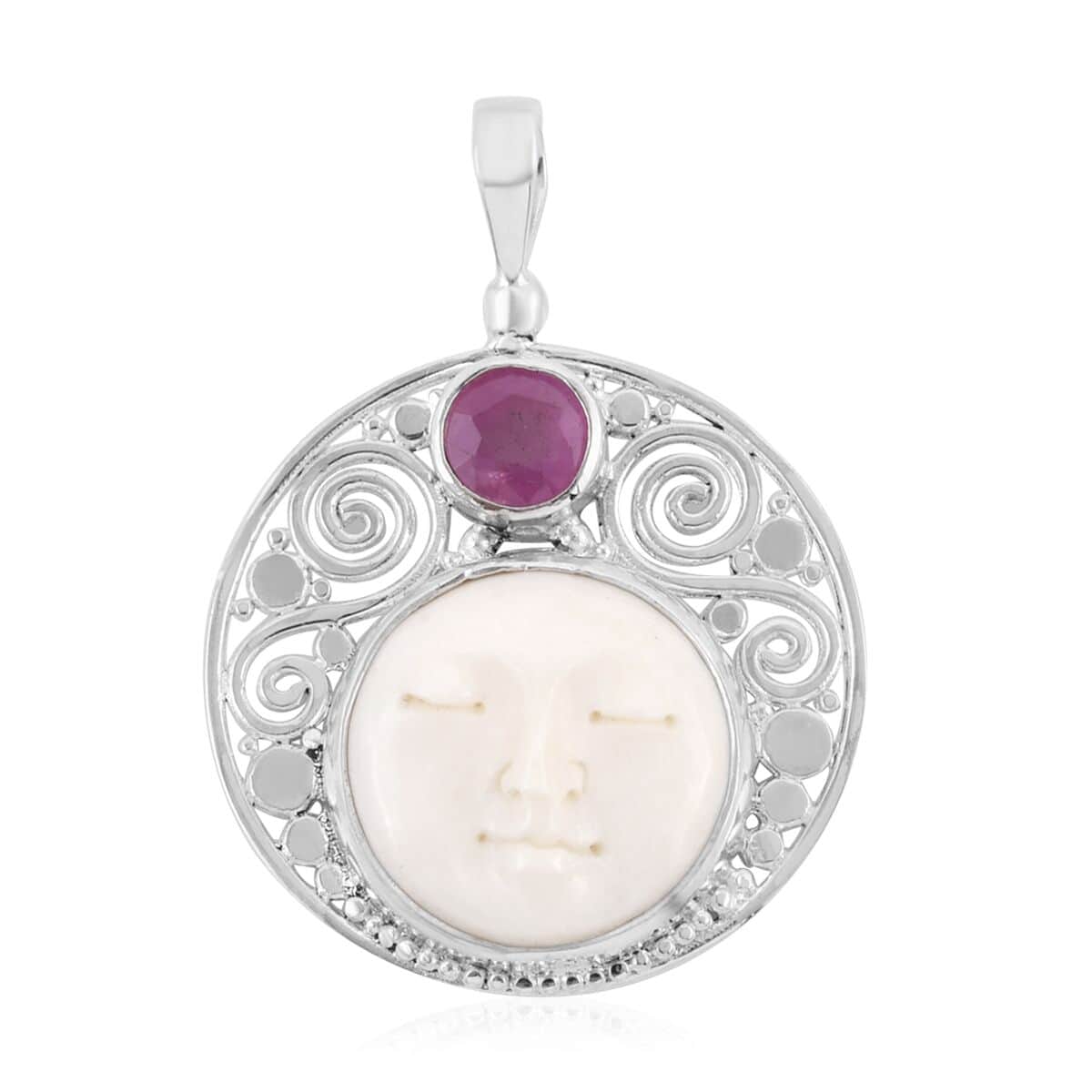 Sajen Silver Carved Bone and Ilakaka Hot Pink Sapphire (FF) Pendant in Sterling Silver 1.40 ctw image number 0