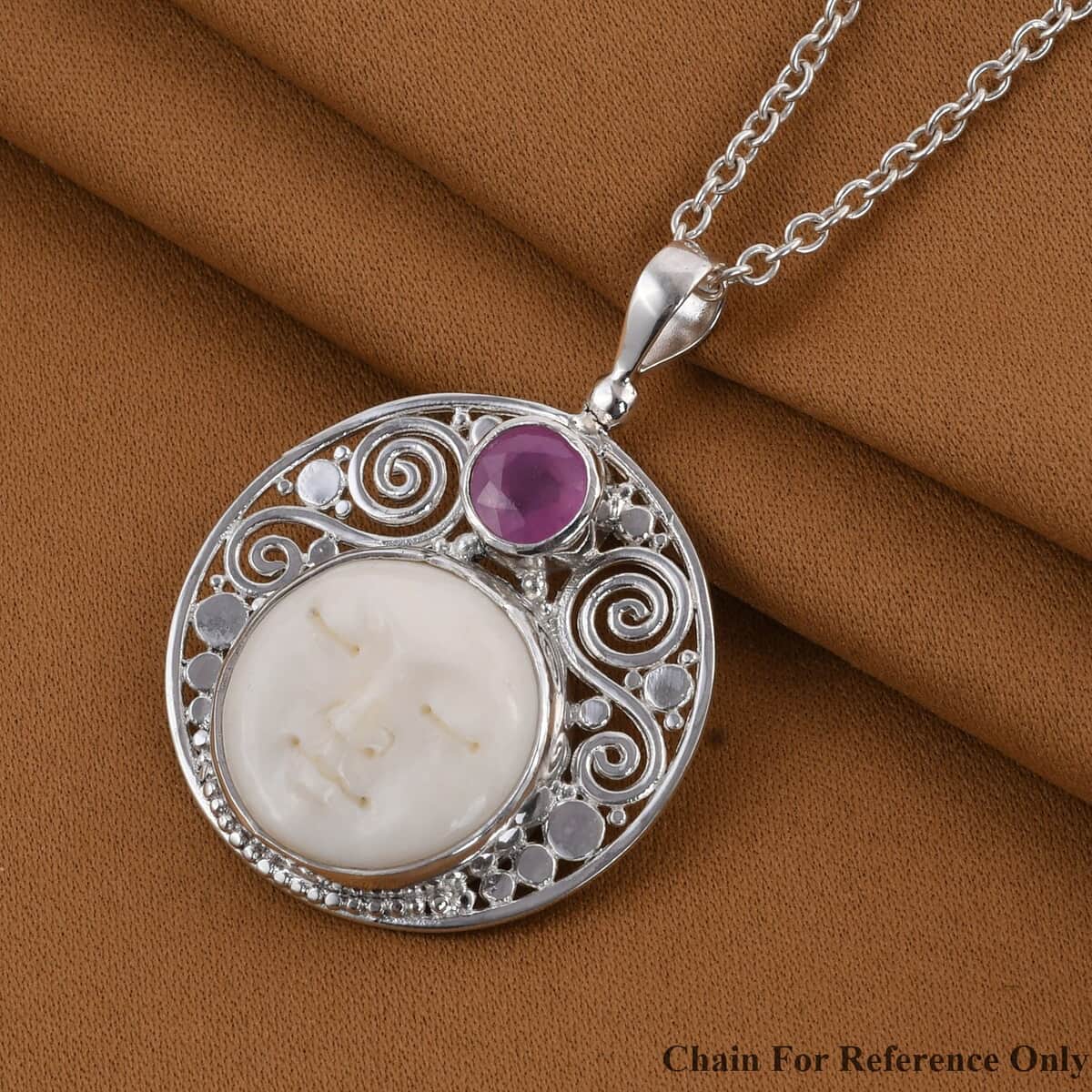 Sajen Silver Carved Bone and Ilakaka Hot Pink Sapphire (FF) Pendant in Sterling Silver 1.40 ctw image number 1