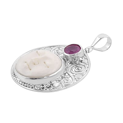 Sajen Silver Carved Bone and Ilakaka Hot Pink Sapphire (FF) Pendant in Sterling Silver 1.40 ctw