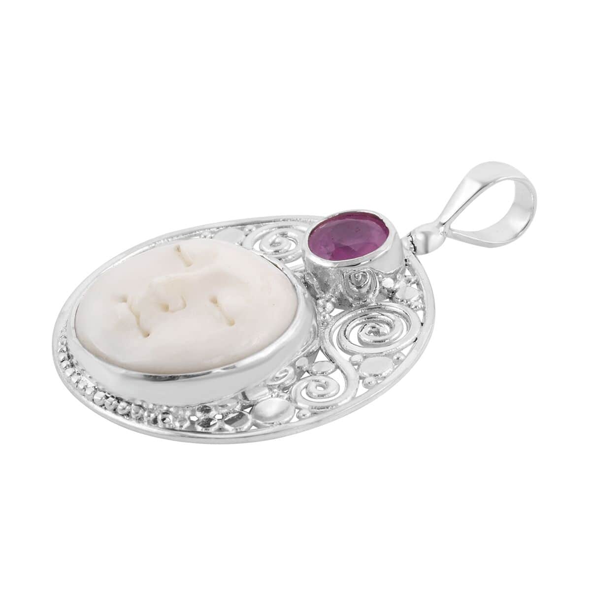 Sajen Silver Carved Bone and Ilakaka Hot Pink Sapphire (FF) Pendant in Sterling Silver 1.40 ctw image number 3