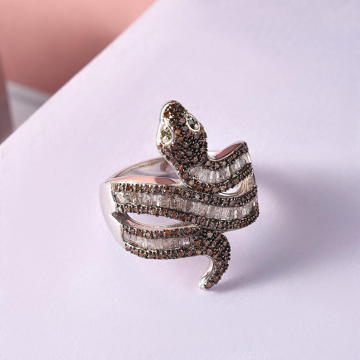 Red and Green Diamond, Diamond Snake Ring in Rhodium and Platinum Over Sterling Silver (Size 7.0) 1.00 ctw image number 1