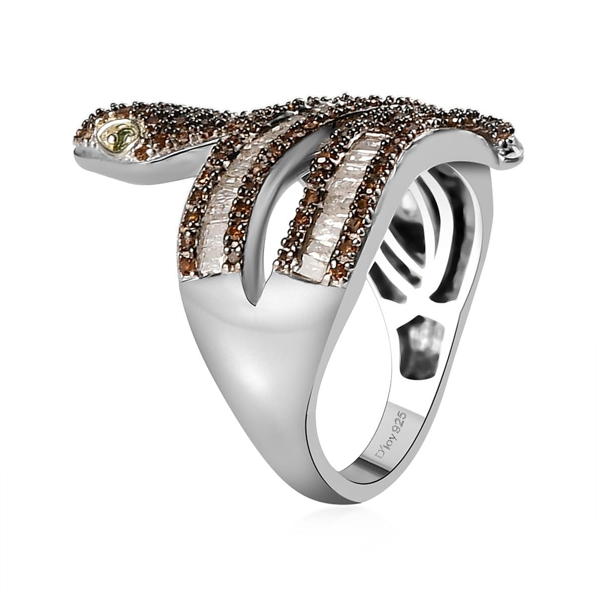 Red and Green Diamond, Diamond Snake Ring in Rhodium and Platinum Over Sterling Silver (Size 7.0) 1.00 ctw image number 3