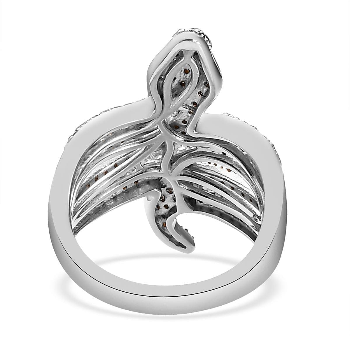 Red and Green Diamond, Diamond Snake Ring in Rhodium and Platinum Over Sterling Silver (Size 7.0) 1.00 ctw image number 4