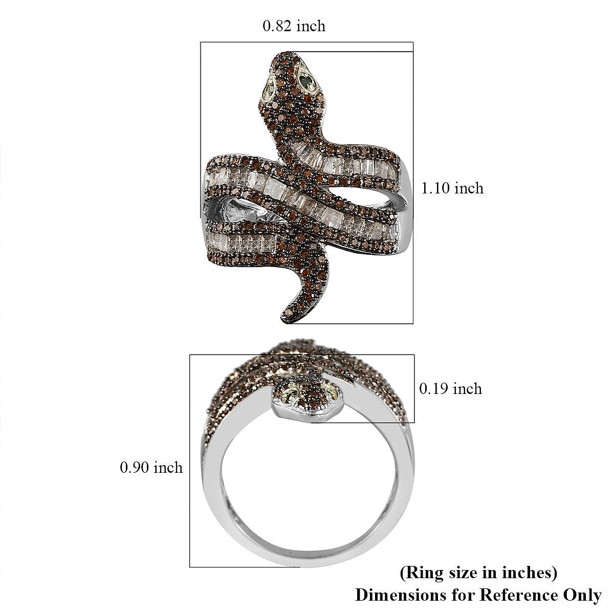 Red and Green Diamond, Diamond Snake Ring in Rhodium and Platinum Over Sterling Silver (Size 7.0) 1.00 ctw image number 5