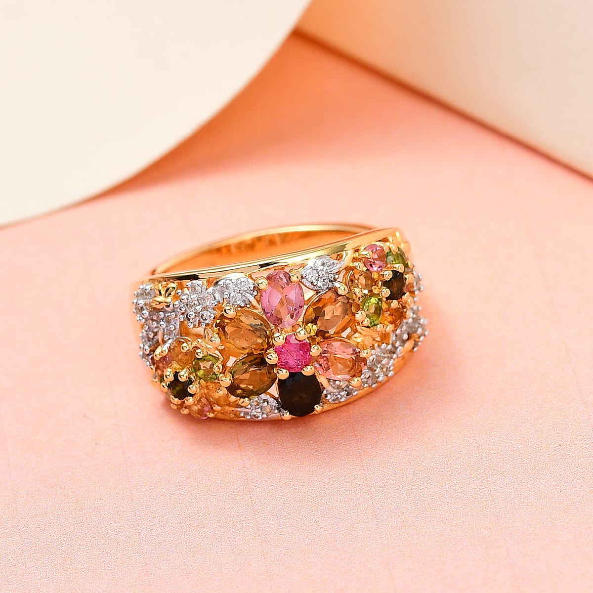 Multi-Tourmaline and Natural White Zircon Cluster Ring in Vermeil Yellow Gold Over Sterling Silver (Size 10.0) 1.85 ctw image number 1