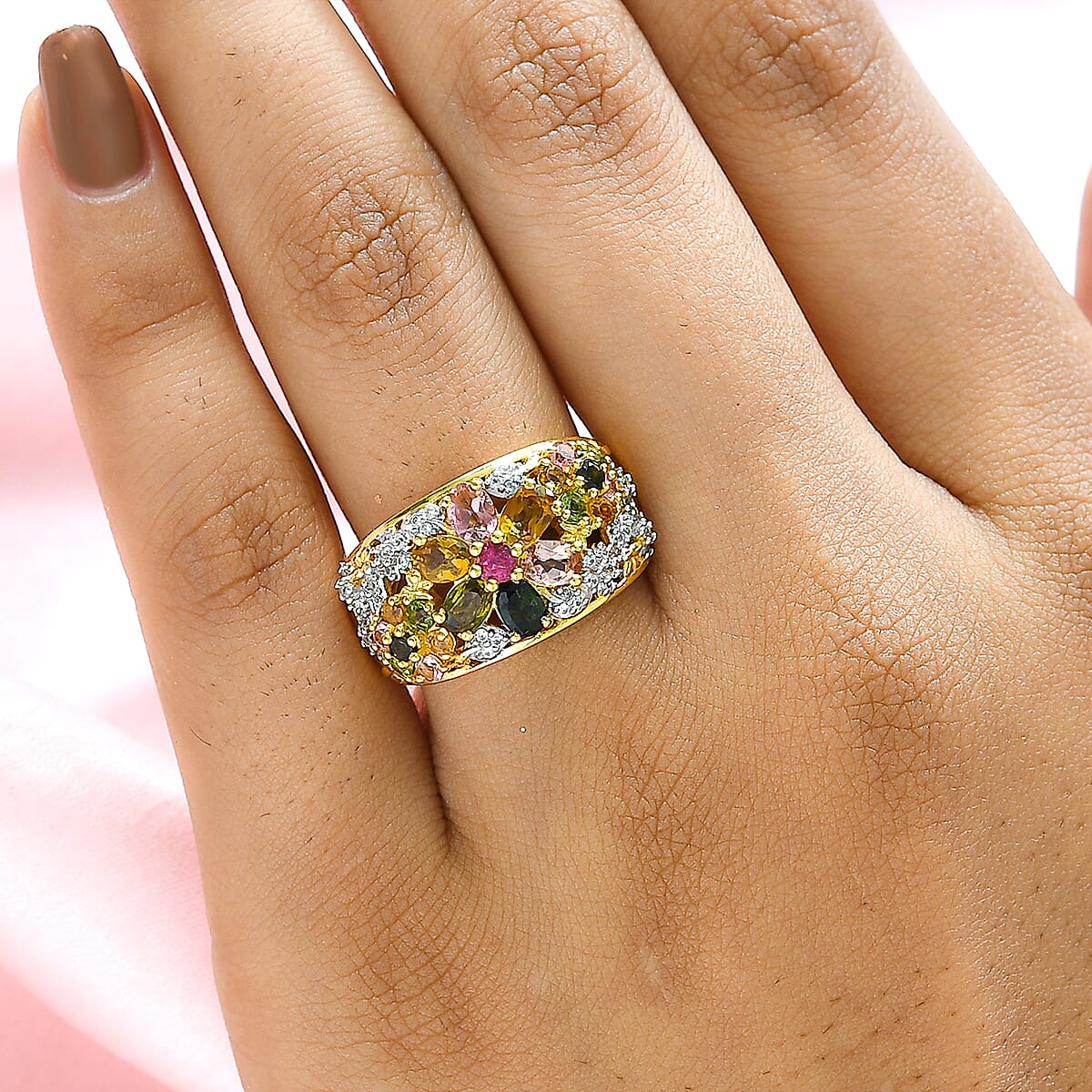 Multi-Tourmaline and Natural White Zircon Cluster Ring in Vermeil Yellow Gold Over Sterling Silver (Size 10.0) 1.85 ctw image number 2