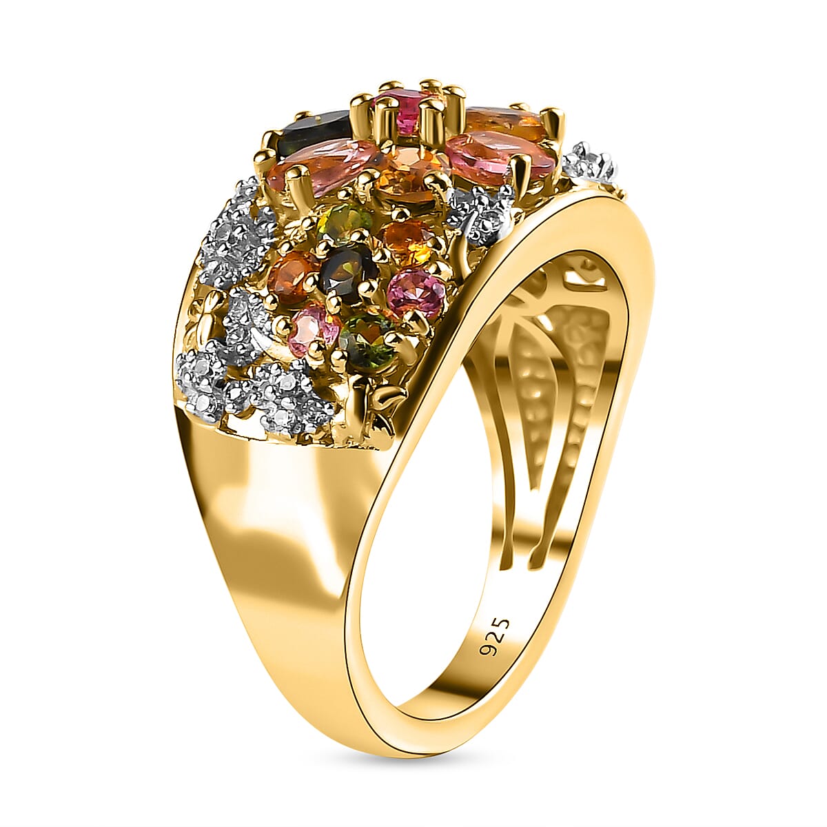 Multi-Tourmaline and Natural White Zircon Cluster Ring in Vermeil Yellow Gold Over Sterling Silver (Size 10.0) 1.85 ctw image number 3