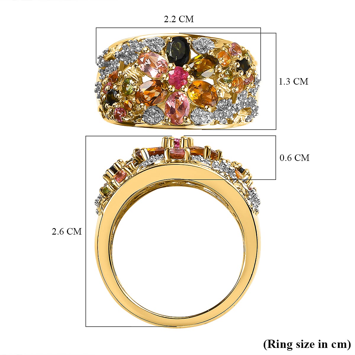 Multi-Tourmaline and Natural White Zircon Cluster Ring in Vermeil Yellow Gold Over Sterling Silver (Size 10.0) 1.85 ctw image number 5