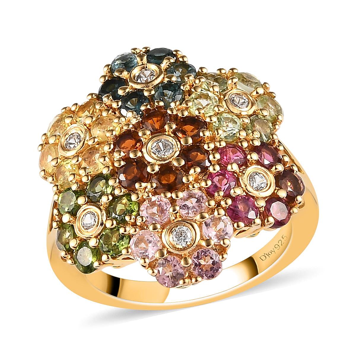 Multi-Tourmaline and White Zircon Floral Ring in Vermeil Yellow Gold Over Sterling Silver (Size 10.0) 3.00 ctw