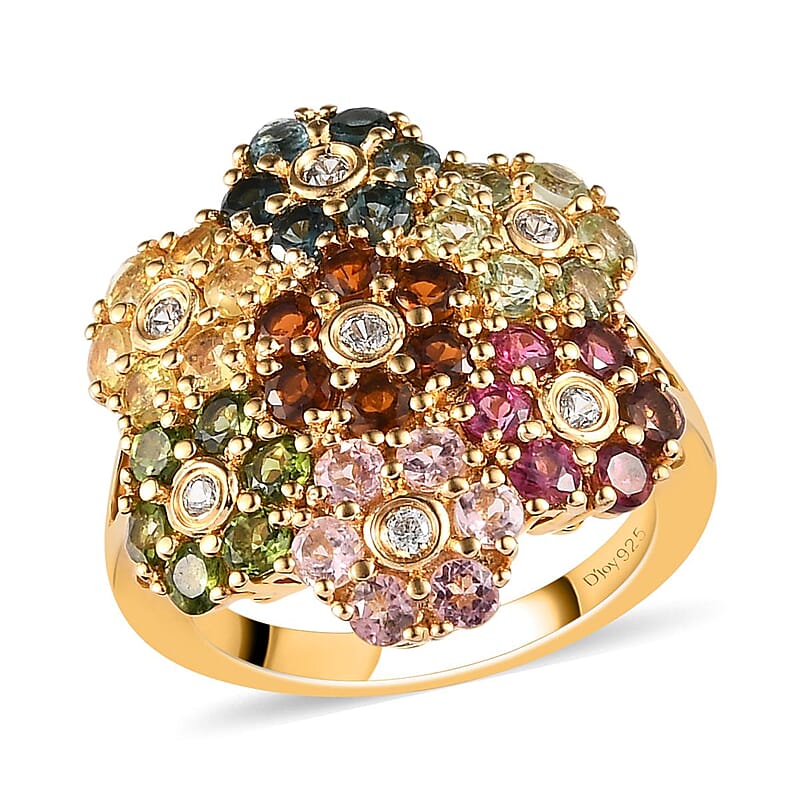 Multi-Tourmaline and White Zircon Floral Ring in Vermeil Yellow Gold Over Sterling Silver (Size 10.0) 3.00 ctw