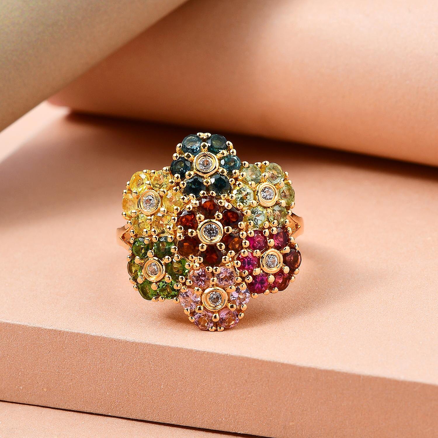 Multi-Tourmaline and White Zircon Floral Ring in Vermeil Yellow Gold Over Sterling Silver (Size 10.0) 3.00 ctw