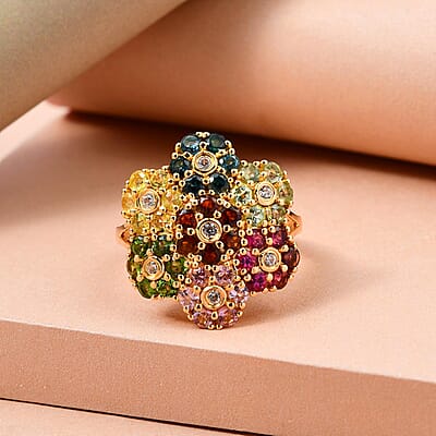 Multi-Tourmaline and White Zircon Floral Ring in Vermeil Yellow Gold Over Sterling Silver (Size 10.0) 3.00 ctw