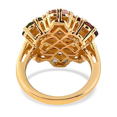 Multi-Tourmaline and White Zircon Floral Ring in Vermeil Yellow Gold Over Sterling Silver (Size 10.0) 3.00 ctw