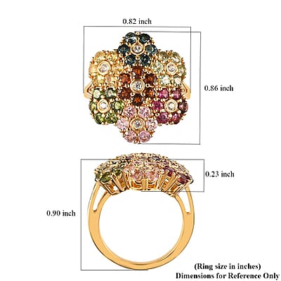 Multi-Tourmaline and White Zircon Floral Ring in Vermeil Yellow Gold Over Sterling Silver (Size 10.0) 3.00 ctw