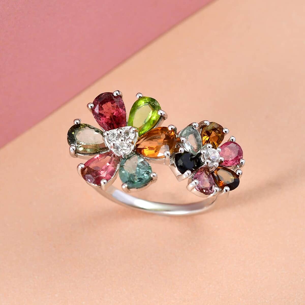 Multi-Tourmaline and Natural White Zircon Floral Ring in Platinum Over Sterling Silver (Size 10.0) 3.15 ctw image number 1