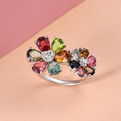 Multi-Tourmaline and Natural White Zircon Floral Ring in Platinum Over Sterling Silver (Size 10.0) 3.15 ctw