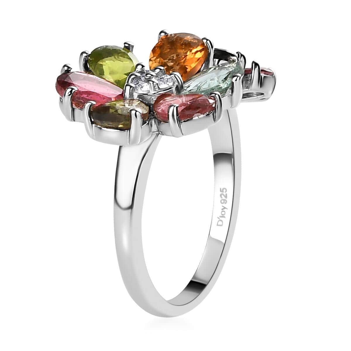 Multi-Tourmaline and Natural White Zircon Floral Ring in Platinum Over Sterling Silver (Size 10.0) 3.15 ctw image number 3