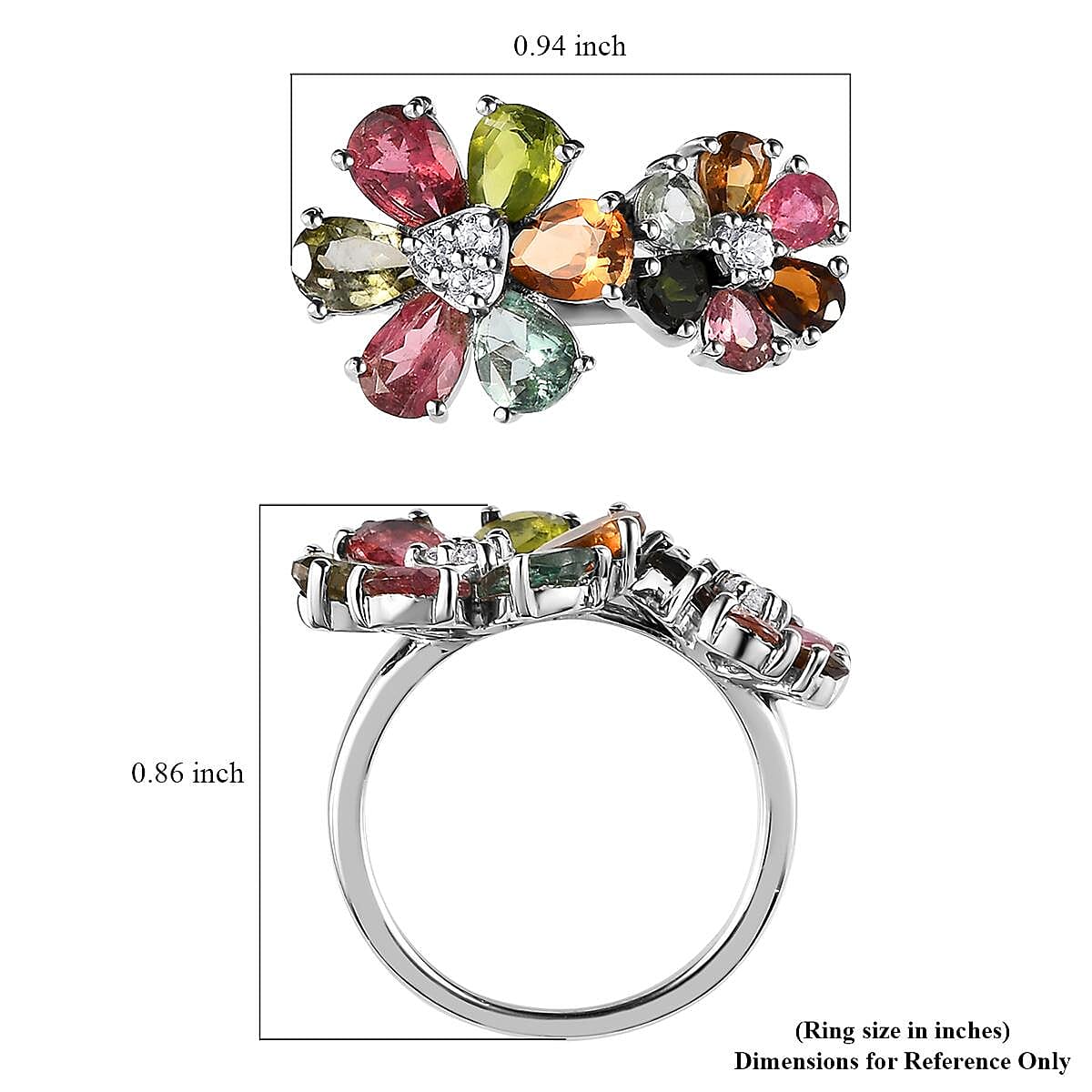 Multi-Tourmaline and Natural White Zircon Floral Ring in Platinum Over Sterling Silver (Size 10.0) 3.15 ctw