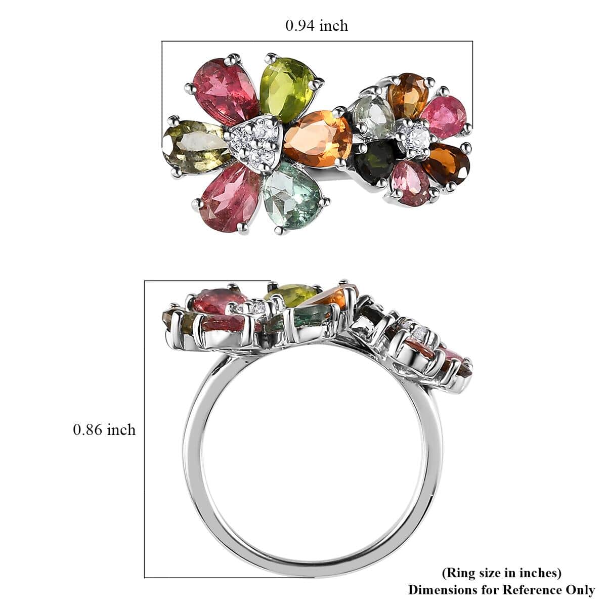 Multi-Tourmaline and Natural White Zircon Floral Ring in Platinum Over Sterling Silver (Size 10.0) 3.15 ctw image number 5