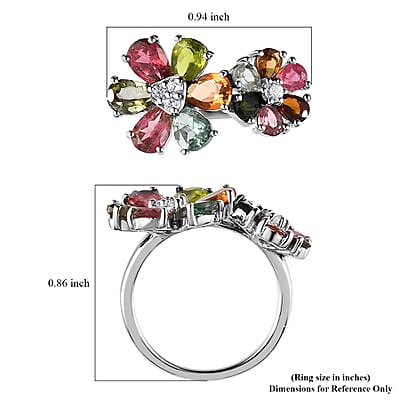Multi-Tourmaline and Natural White Zircon Floral Ring in Platinum Over Sterling Silver (Size 10.0) 3.15 ctw