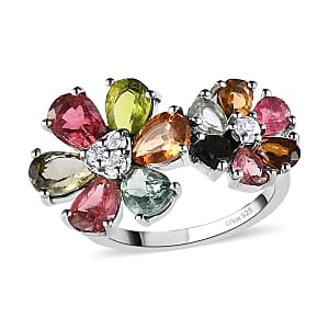 Multi-Tourmaline and Natural White Zircon Floral Ring in Platinum Over Sterling Silver (Size 9.0) 3.15 ctw