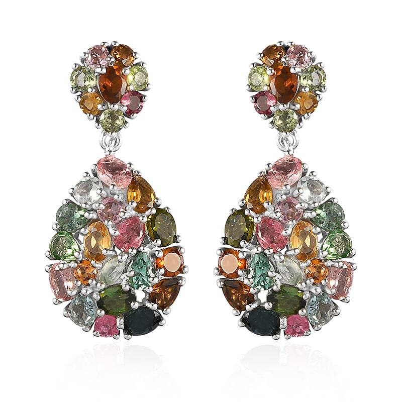 Multi-Tourmaline Dangling Earrings in Platinum Over Sterling Silver 6.40 ctw