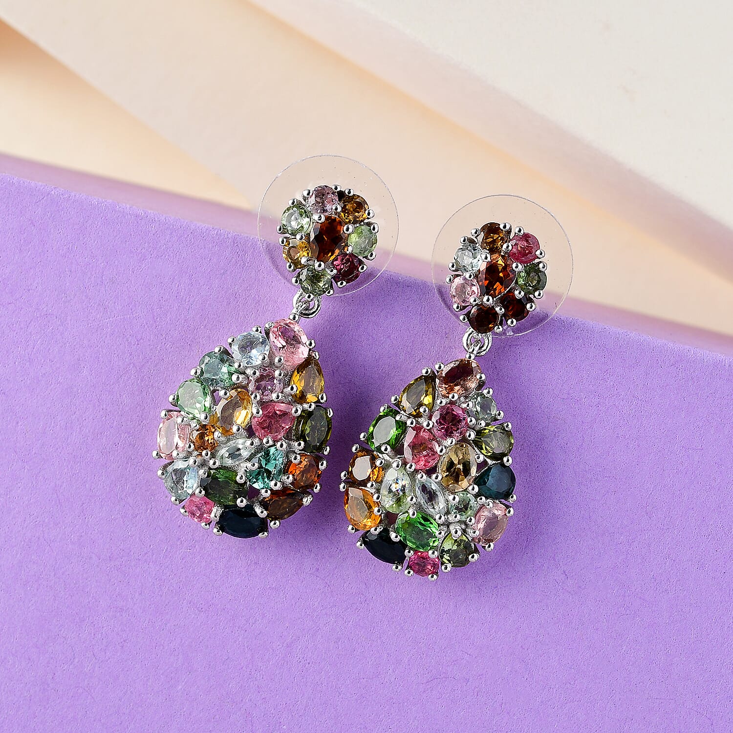 Multi-Tourmaline Dangling Earrings in Platinum Over Sterling Silver 6.40 ctw