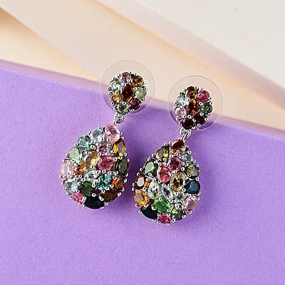 Multi-Tourmaline Dangling Earrings in Platinum Over Sterling Silver 6.40 ctw