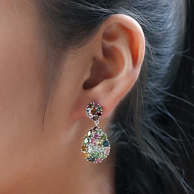 Multi-Tourmaline Dangling Earrings in Platinum Over Sterling Silver 6.40 ctw