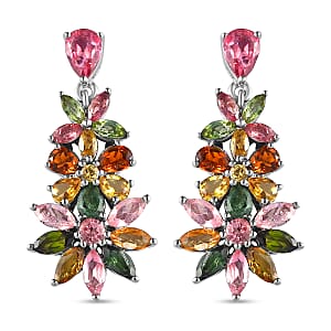 Multi-Tourmaline Floral Dangle Earrings in Platinum Over Sterling Silver 5.25 ctw