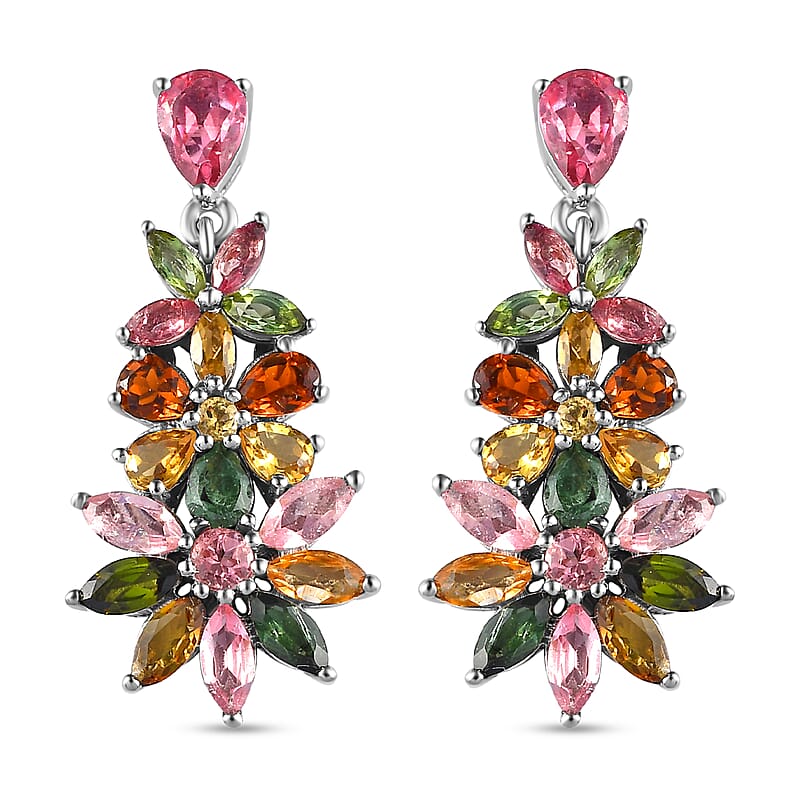 Multi-Tourmaline Floral Dangle Earrings in Platinum Over Sterling Silver 5.25 ctw