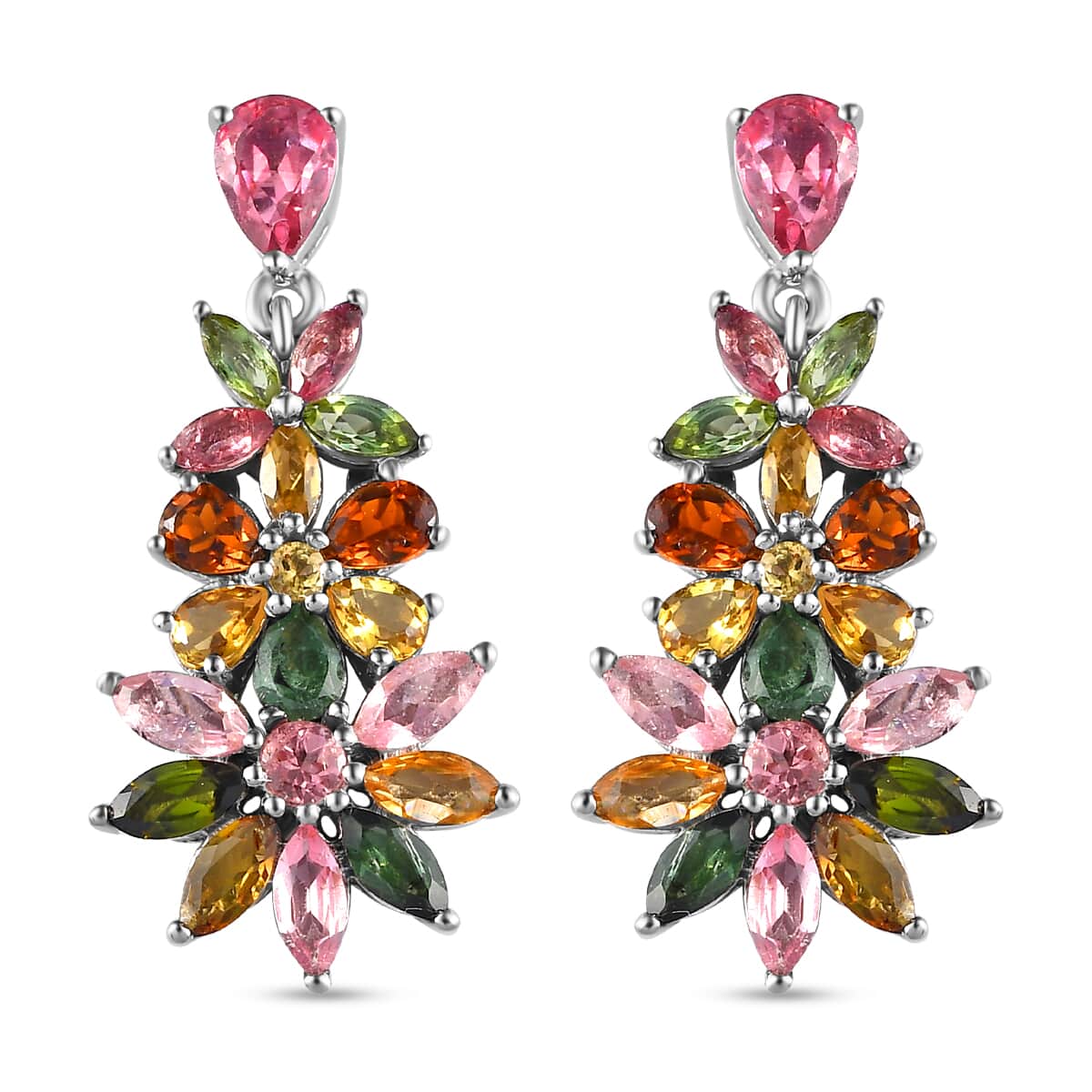 Multi-Tourmaline Floral Dangle Earrings in Platinum Over Sterling Silver 5.25 ctw image number 0