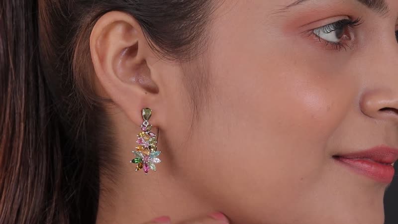 Multi-Tourmaline Floral Dangle Earrings in Platinum Over Sterling Silver 5.25 ctw