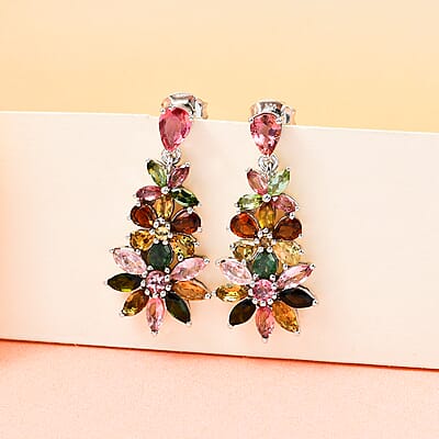 Multi-Tourmaline Floral Dangle Earrings in Platinum Over Sterling Silver 5.25 ctw