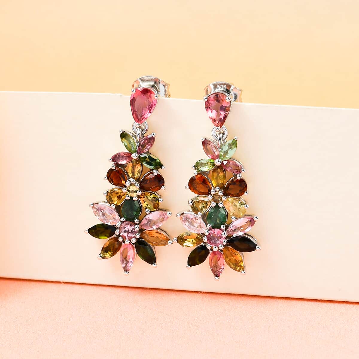 Multi-Tourmaline Floral Dangle Earrings in Platinum Over Sterling Silver 5.25 ctw image number 1