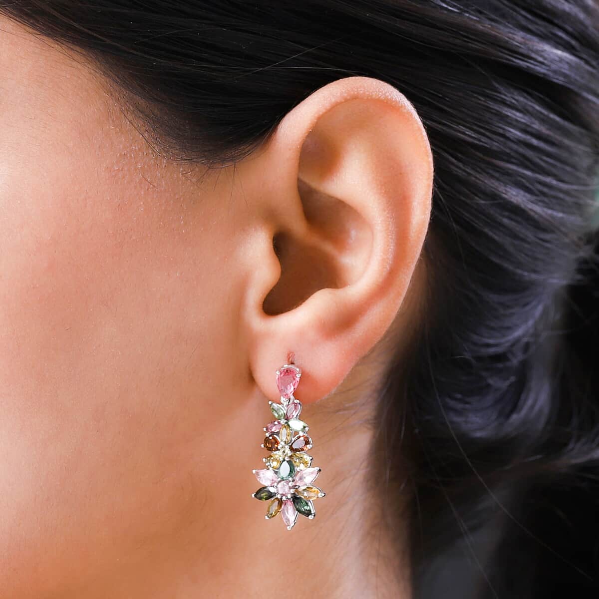 Multi-Tourmaline Floral Dangle Earrings in Platinum Over Sterling Silver 5.25 ctw image number 2